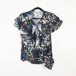 New Parker Boboli Black Multi Floral Print Ruffle Wrap Blouse Size Small‎